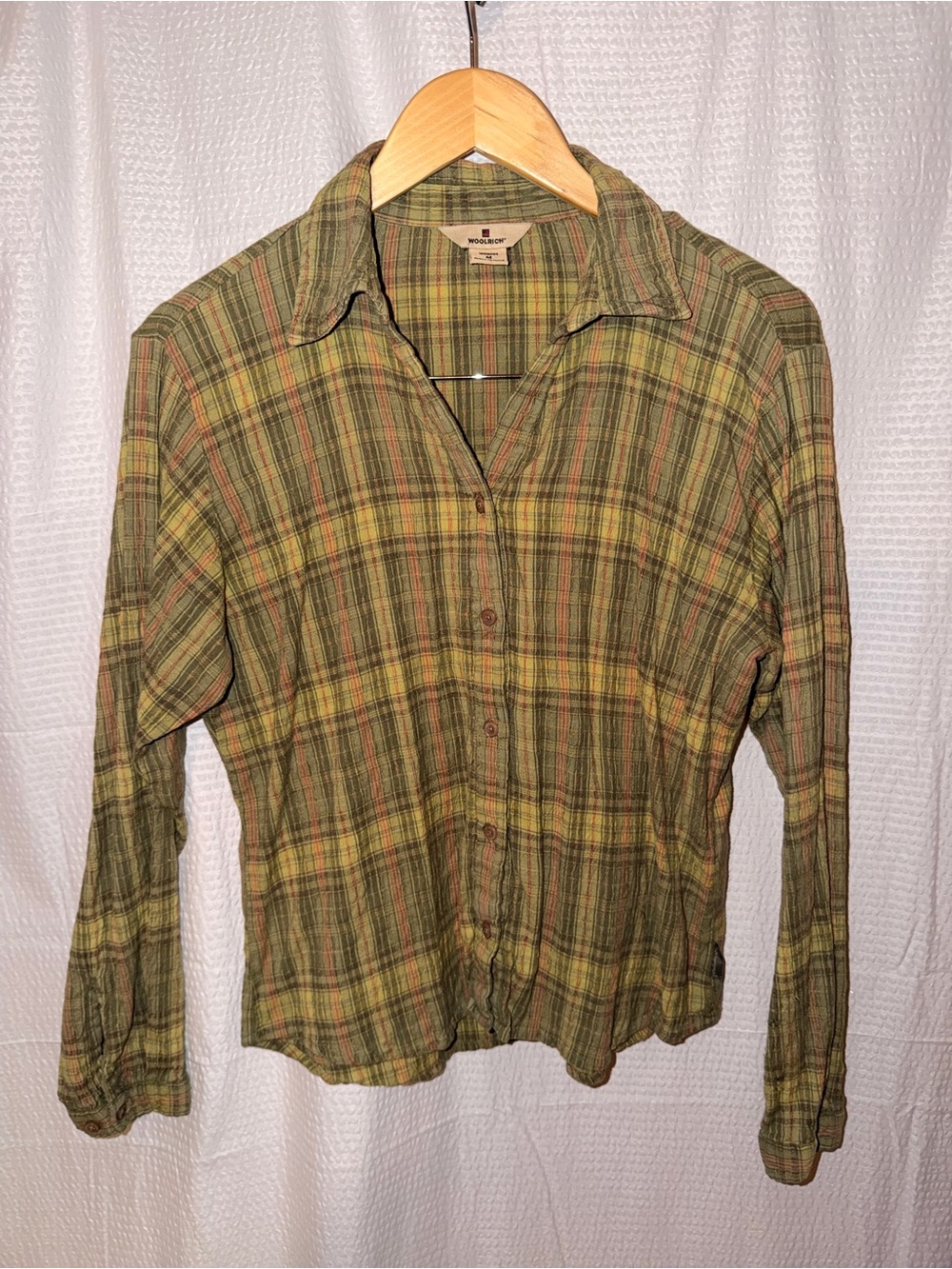 Vintage Woolrich Olive Green Yellow Plaid Long Sleeve Button Up Shirt Womens Med